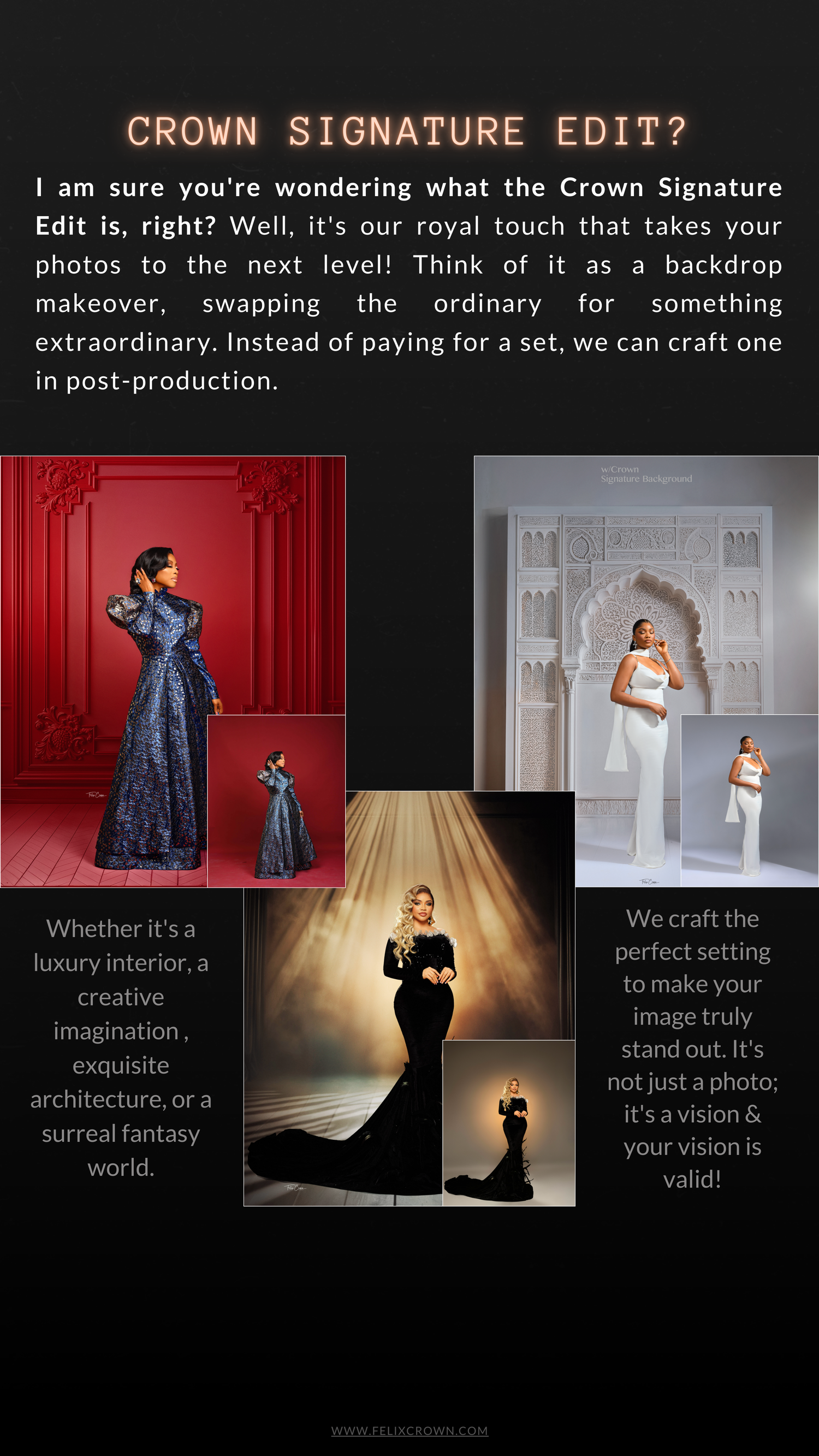 Dark photography pricing menu showing studio rates and services with gold text on black background.