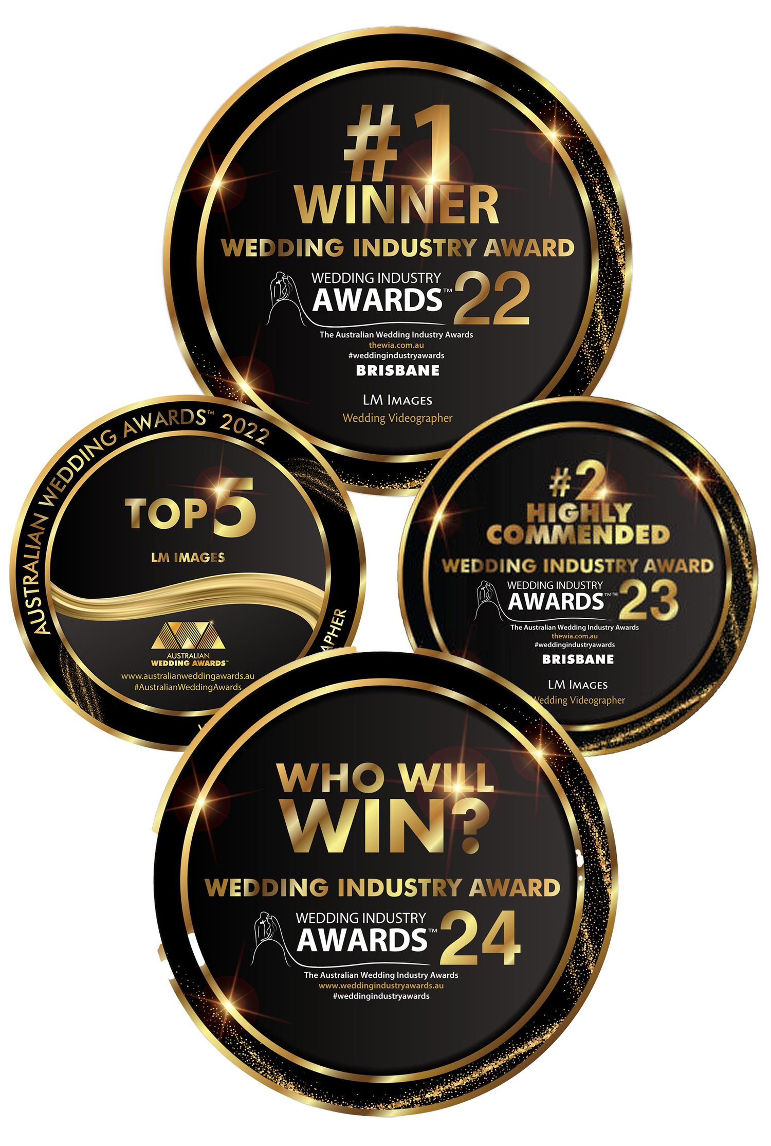 LM Images wedding videography award badges including #1 winner and top 5 recognition.