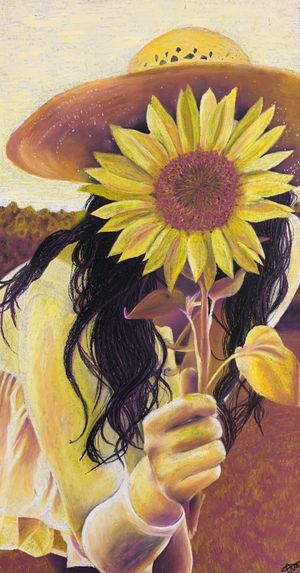 Drawn senior photo with oil pastels in colors purple and yellow