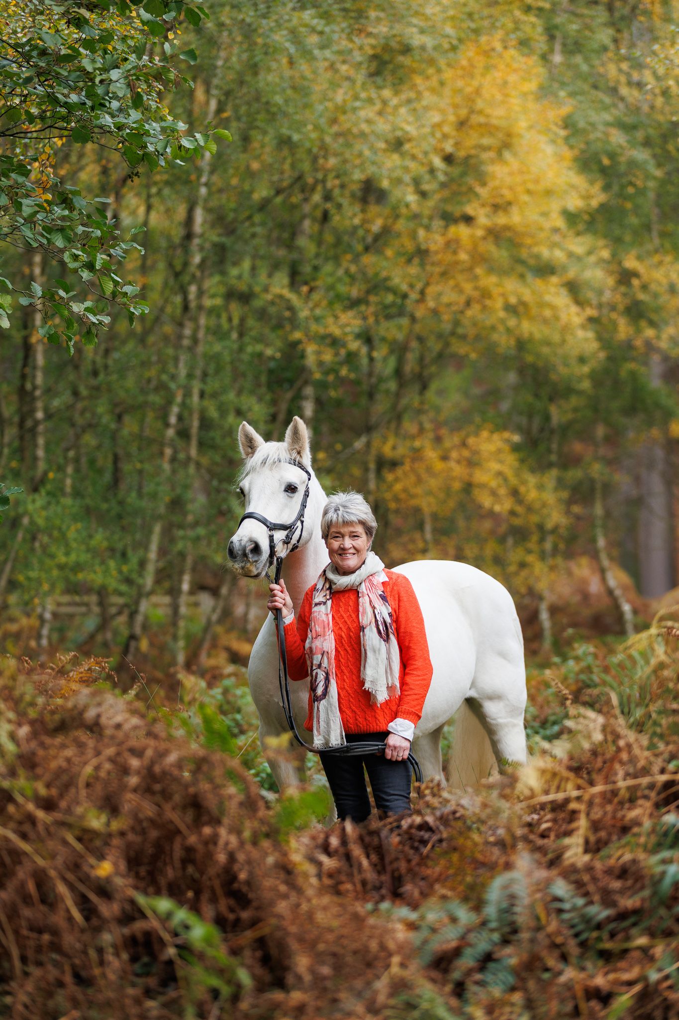A beautiful white horse and rider stand among autumn foliage with golden leaves and ferns in a forest setting.