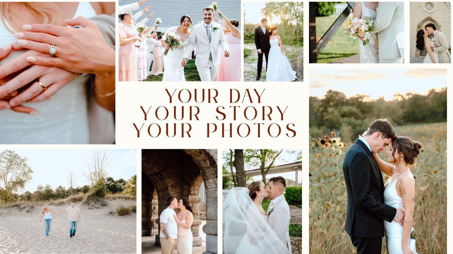 A collage of romantic wedding photos showing rings, couples, and bridesmaids in pink dresses against various outdoor settings.