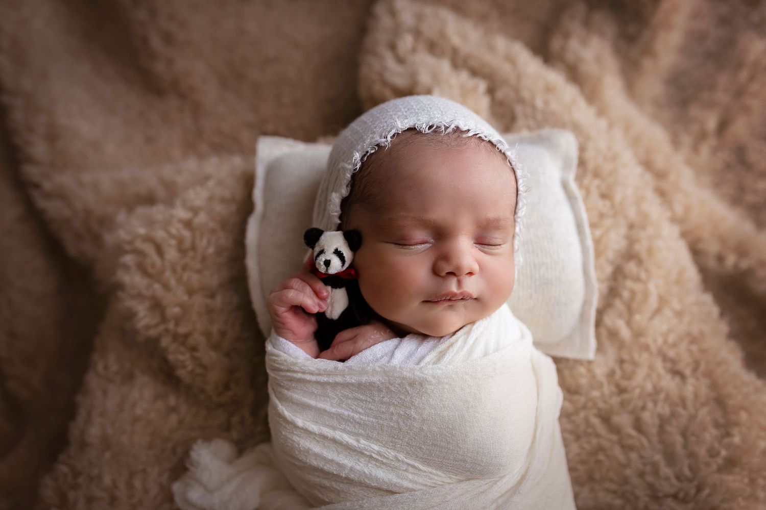 recien nacido envuelto en manta blanca con osito panda diminuto en su mano Fotografa de newborn