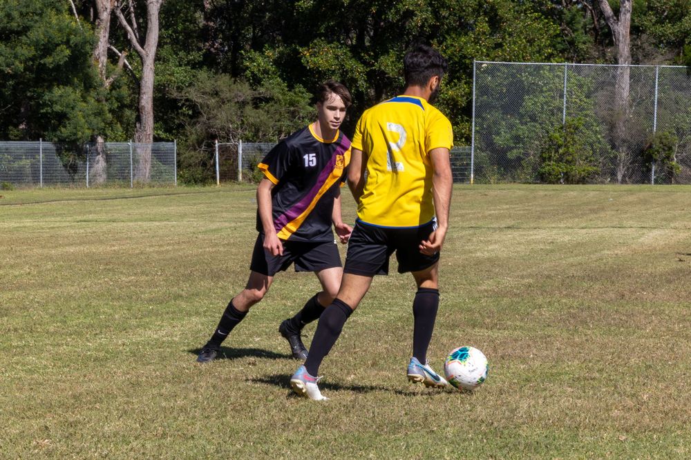 Focal Point Images
Two soccer players face off during match on grass field with trees in background.