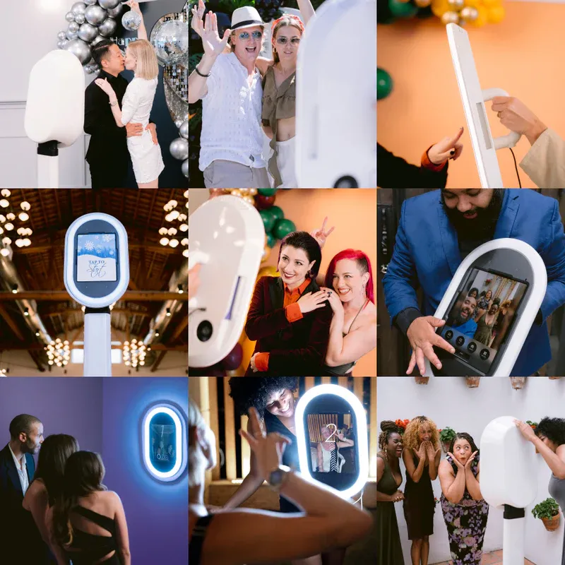 Photo booth collage showing various party guests posing with illuminated selfie stands at an event.