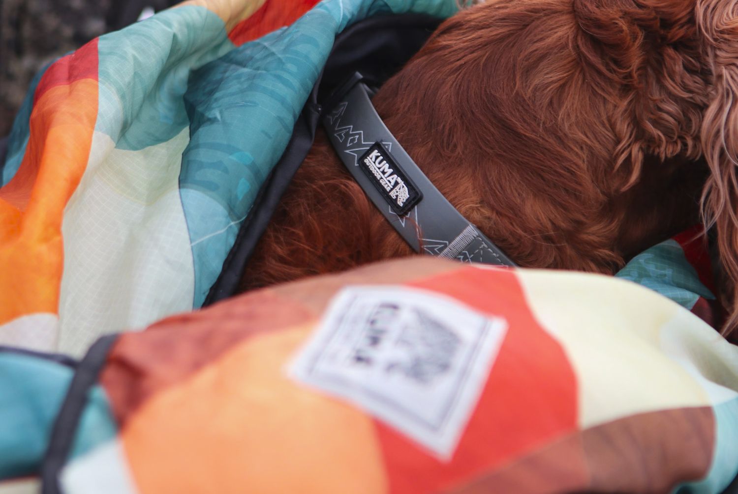Close-up of colorful outdoor camping blanket with gear tag.