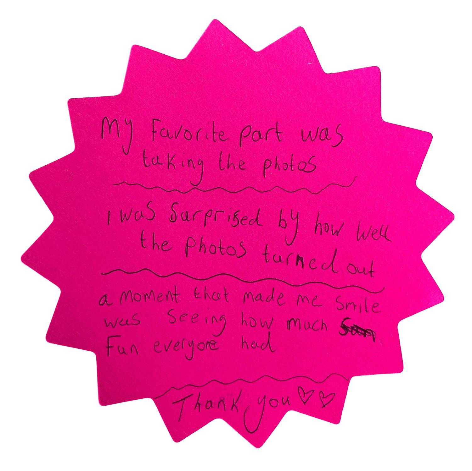 Pink star-shaped notes with personal reflections arranged in a row.
