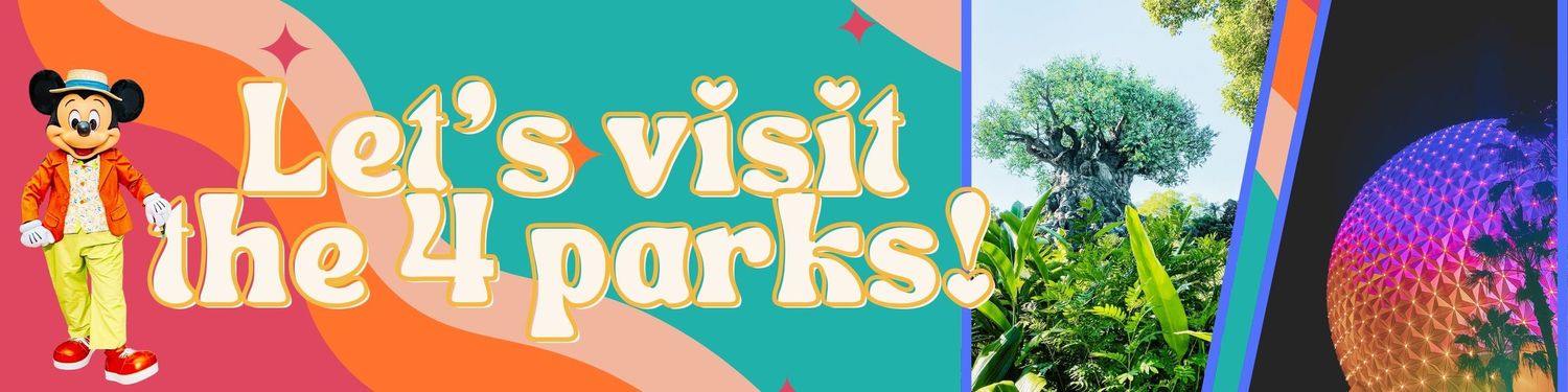 Colorful banner with phrase 'Let's visit the parks' and illustrated character against turquoise background.