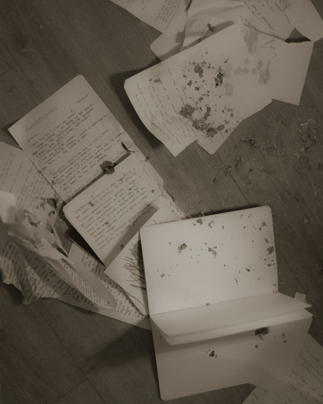 Scattered burned and ash-stained letters and an open box on a wooden floor in black and white.