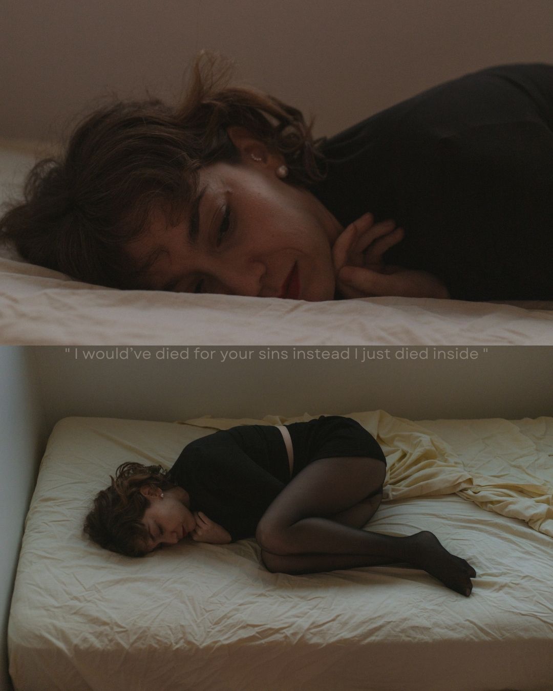 A dual-image collage of a woman sleeping on a white bed with an emotional lyric overlay in soft tones.