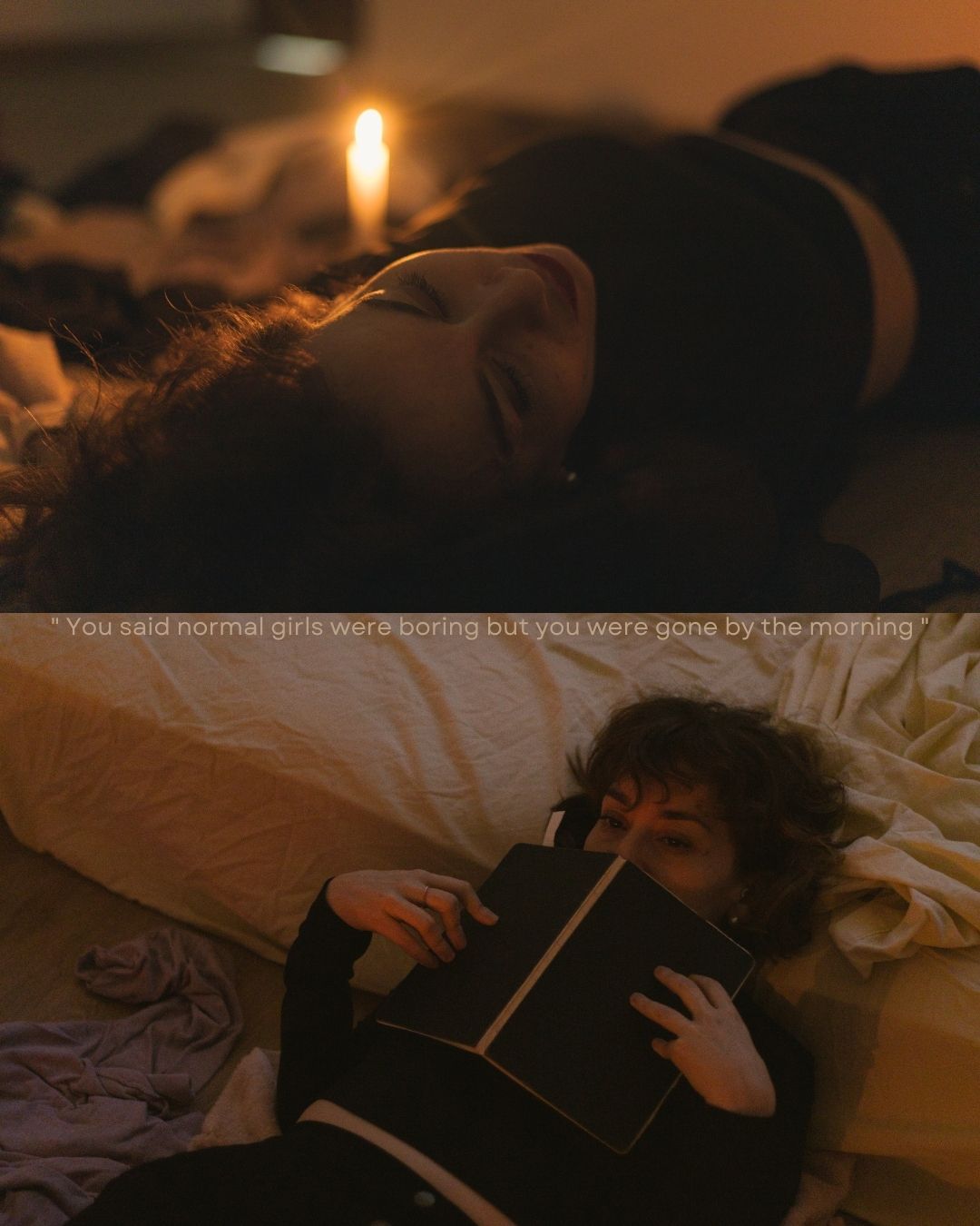 Two people lying on a bed by candlelight with a romantic quote overlay in warm amber tones.