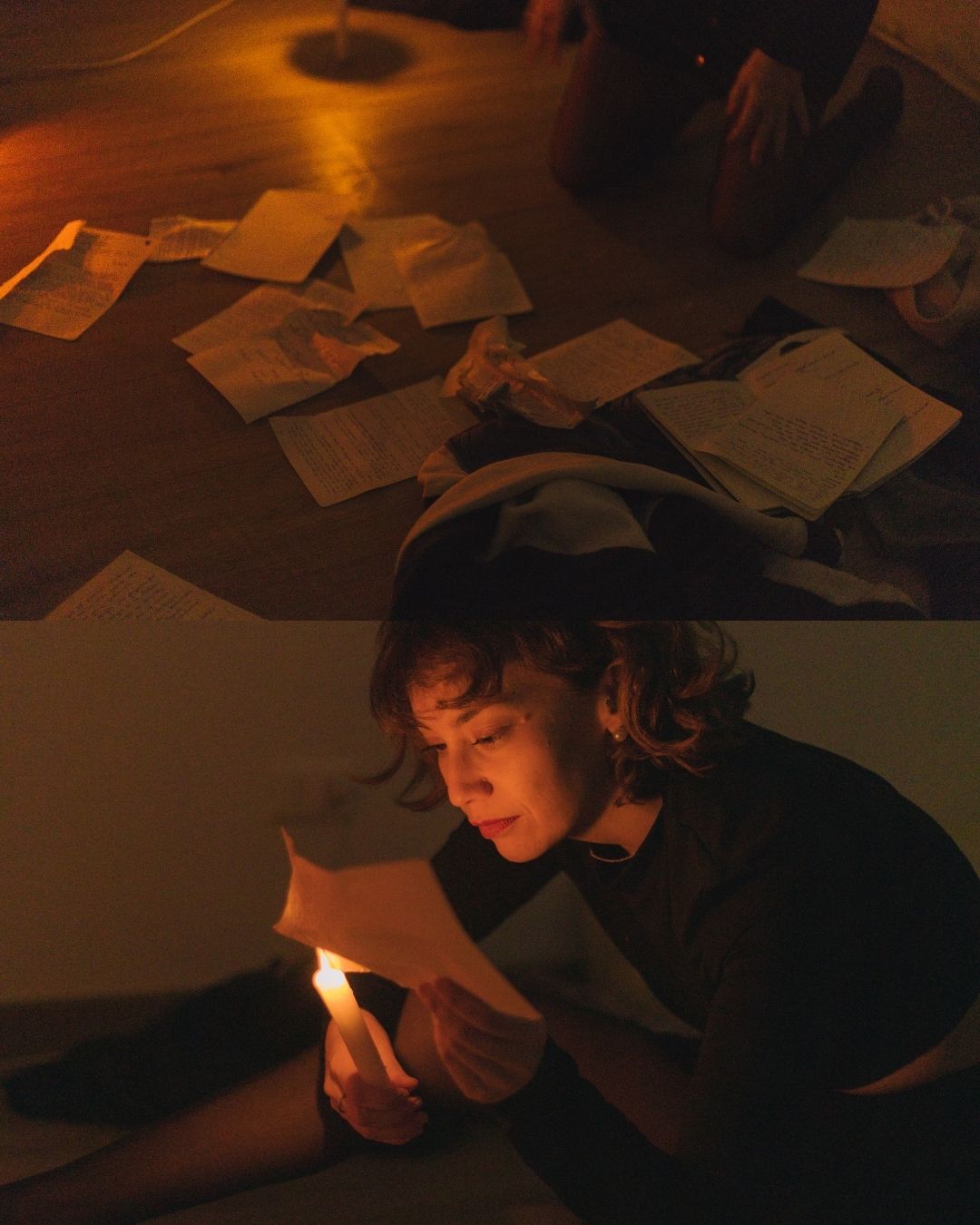 A dual-image collage of scattered letters on a floor and a person reading by candlelight.