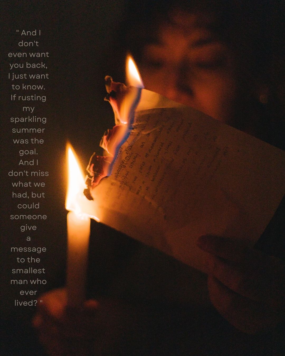 A person burning a handwritten letter over a candle flame with a Taylor Swift lyric overlay.