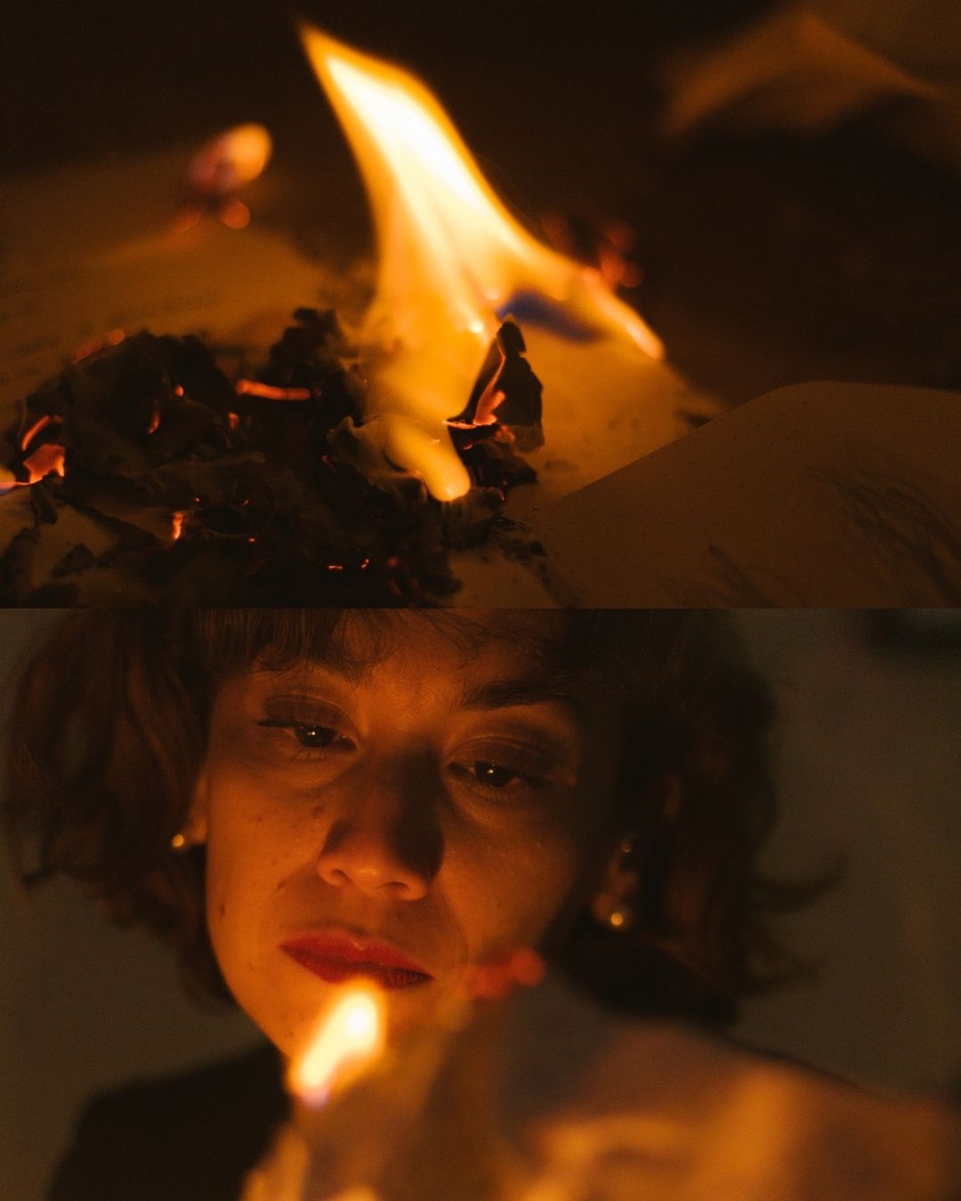 A dramatic dual-image of burning paper and a womans intense gaze lit by fire in darkness.