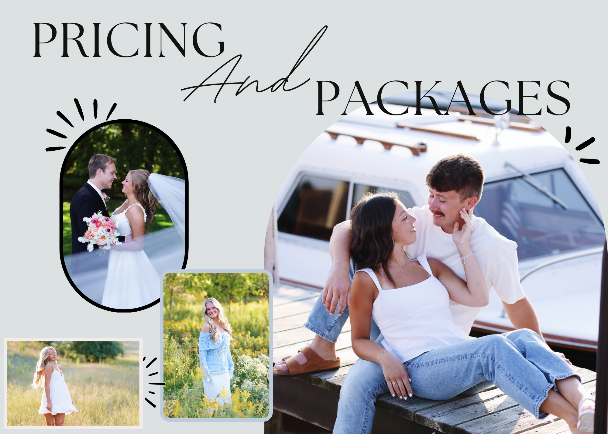 Photography pricing and packages marketing collage with couples photos and decorative text.