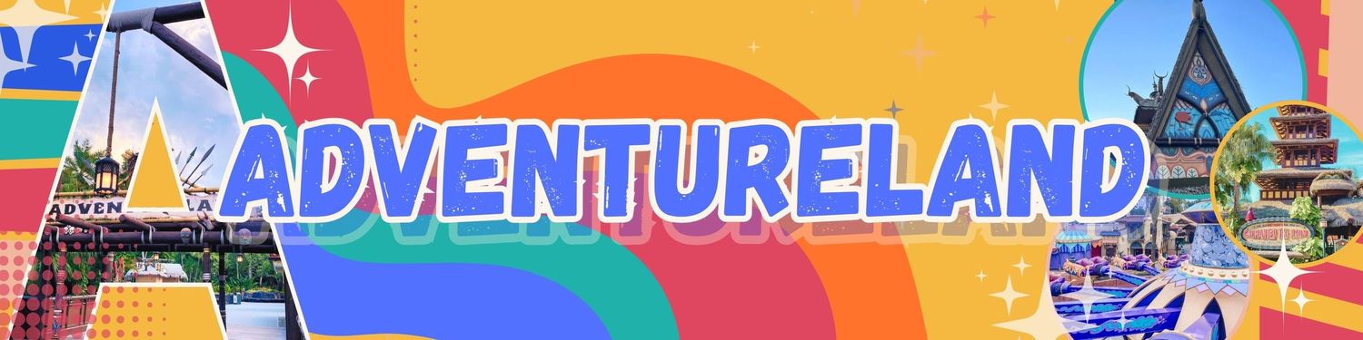 A colorful banner featuring theme park attractions with vibrant gradients of blue, red, orange and purple tones.