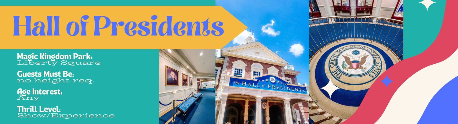A decorative website banner featuring patriotic colors and text reading 'Hall of Presidents' with architectural elements.