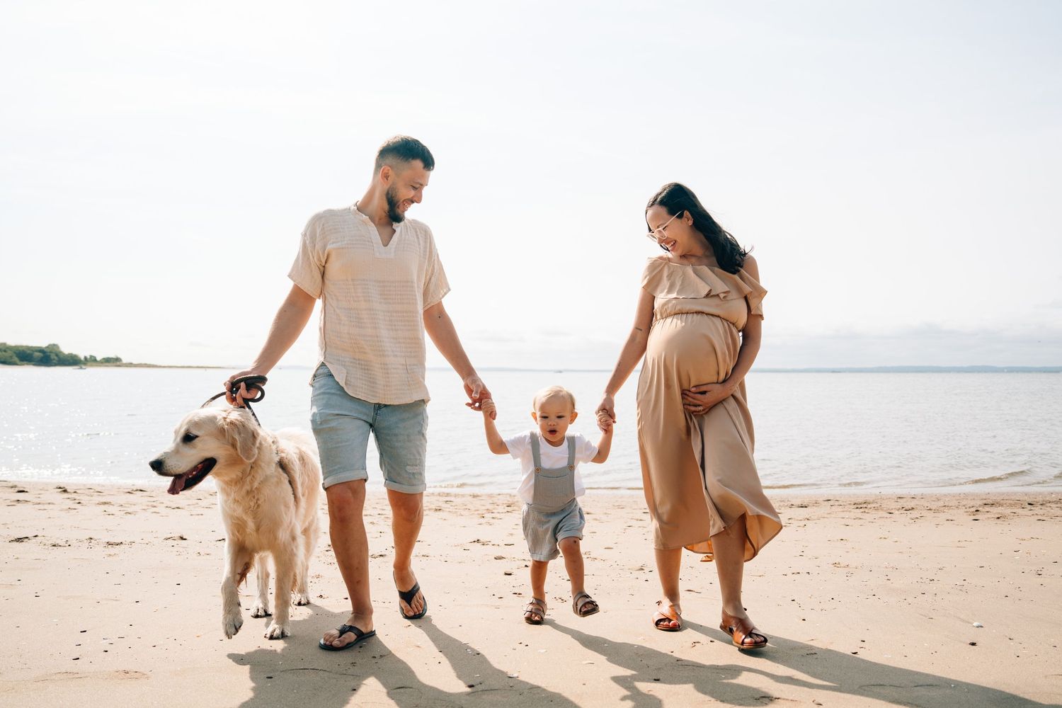 A family and their dog walking together on a sunny beach while holding hands.