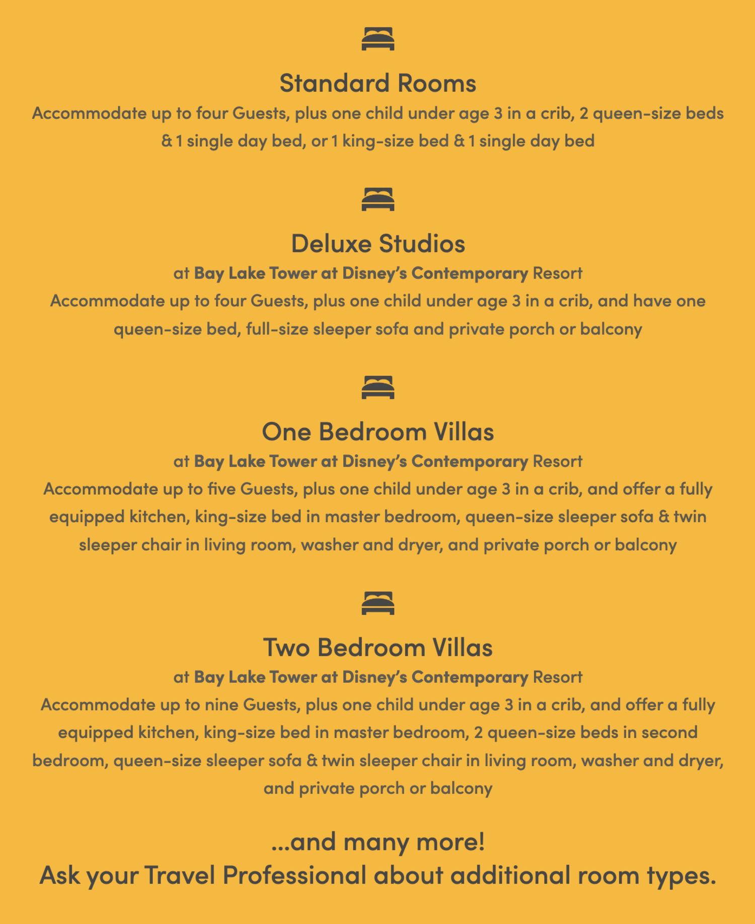 Resort room accommodation descriptions showing various room types and amenities available.