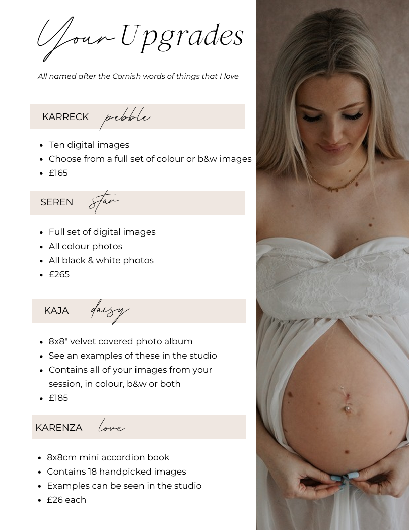 Pregnant woman in white dress holding baby bump, next to a photography upgrade pricing guide with Cornish-named packages.