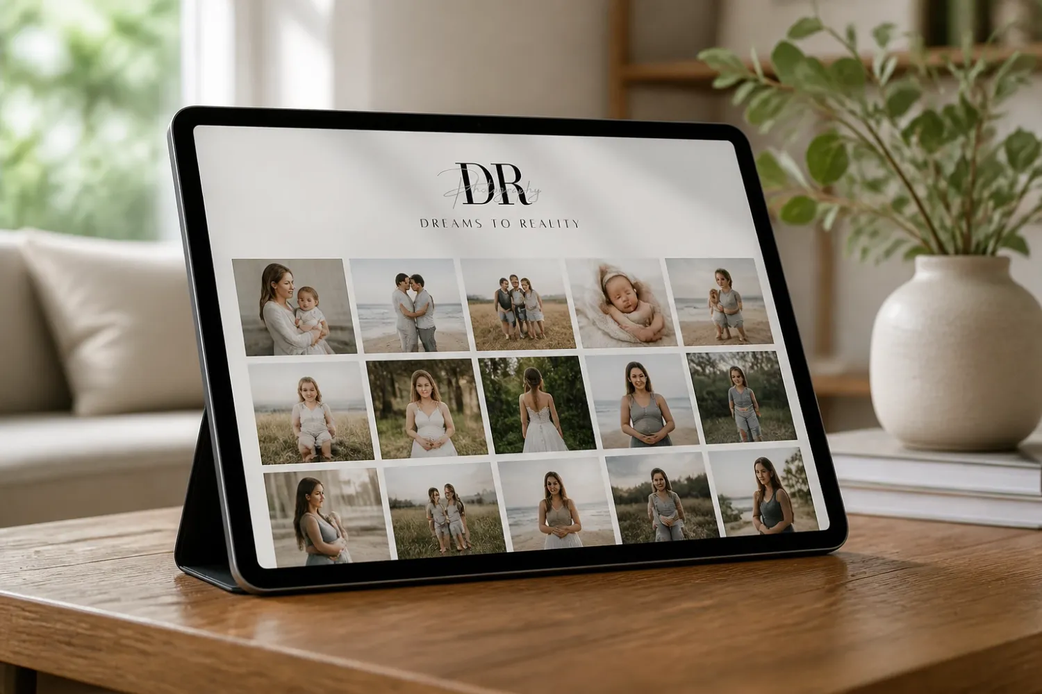 A tablet displaying a photography portfolio website with a DR logo and a grid of outdoor family portrait photos.