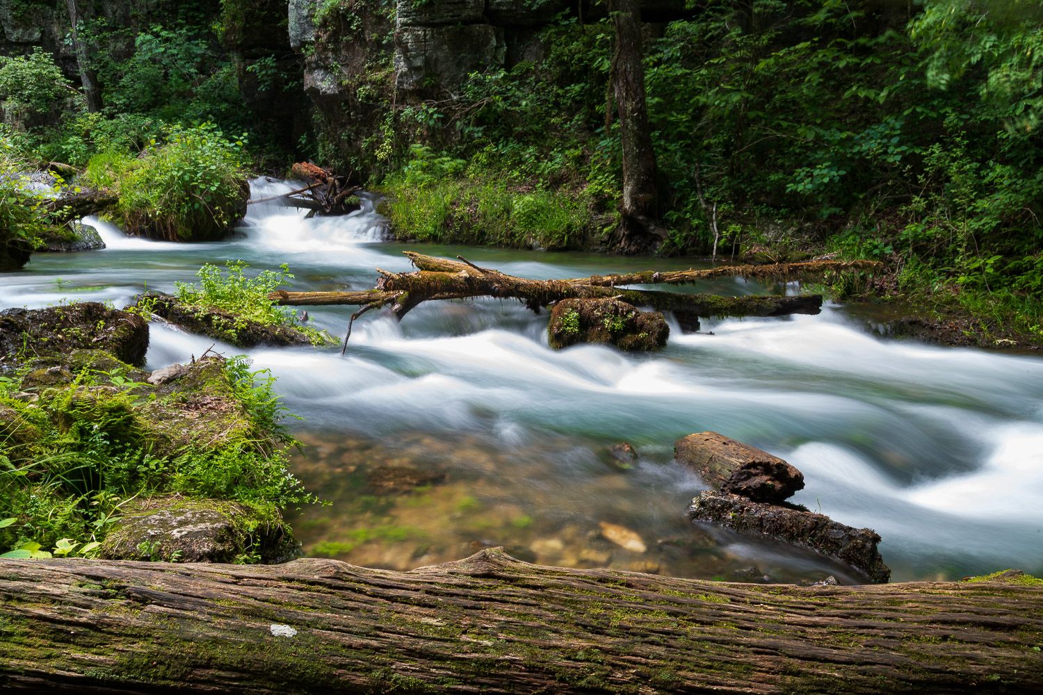 A silky smooth mountain stream flows over rocks through a lush green forest in a long exposure shot. Greer Springs