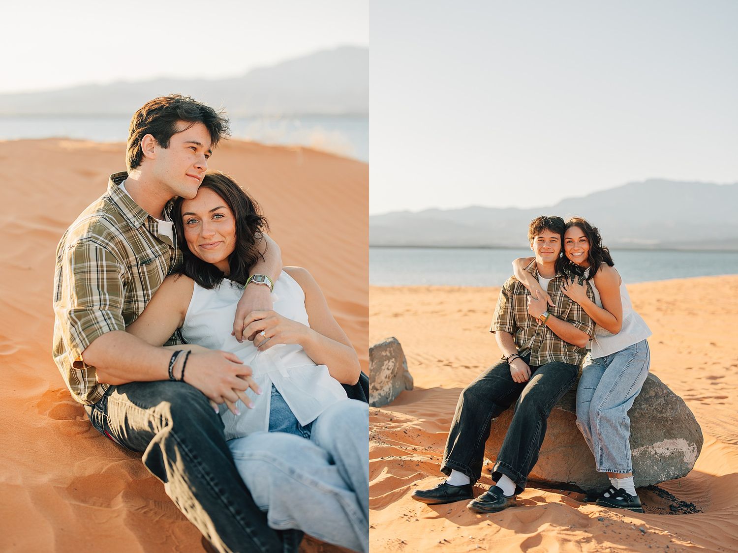 Couple sitting together on red sand dunes in a desert landscape, sharing a romantic moment during golden hour.