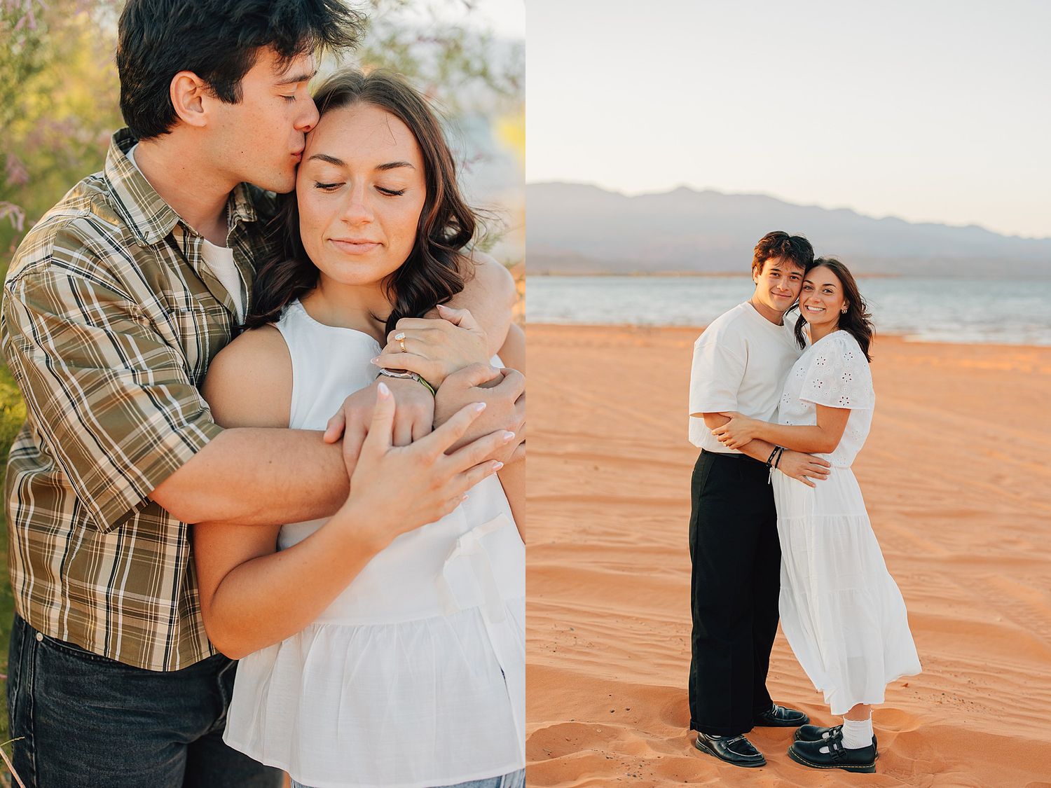 A couple shares a romantic embrace on a sandy desert beach with mountains in the background during golden hour.