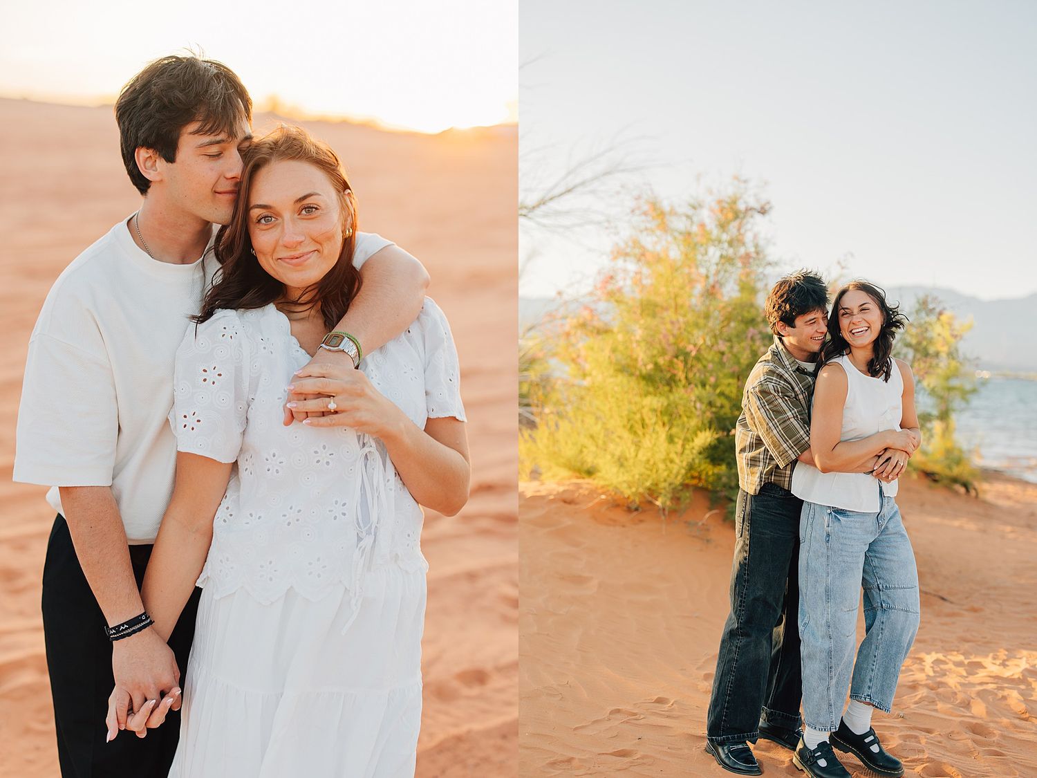 Couple embracing at sunset on red sand dunes in white outfits, golden desert landscape in background.