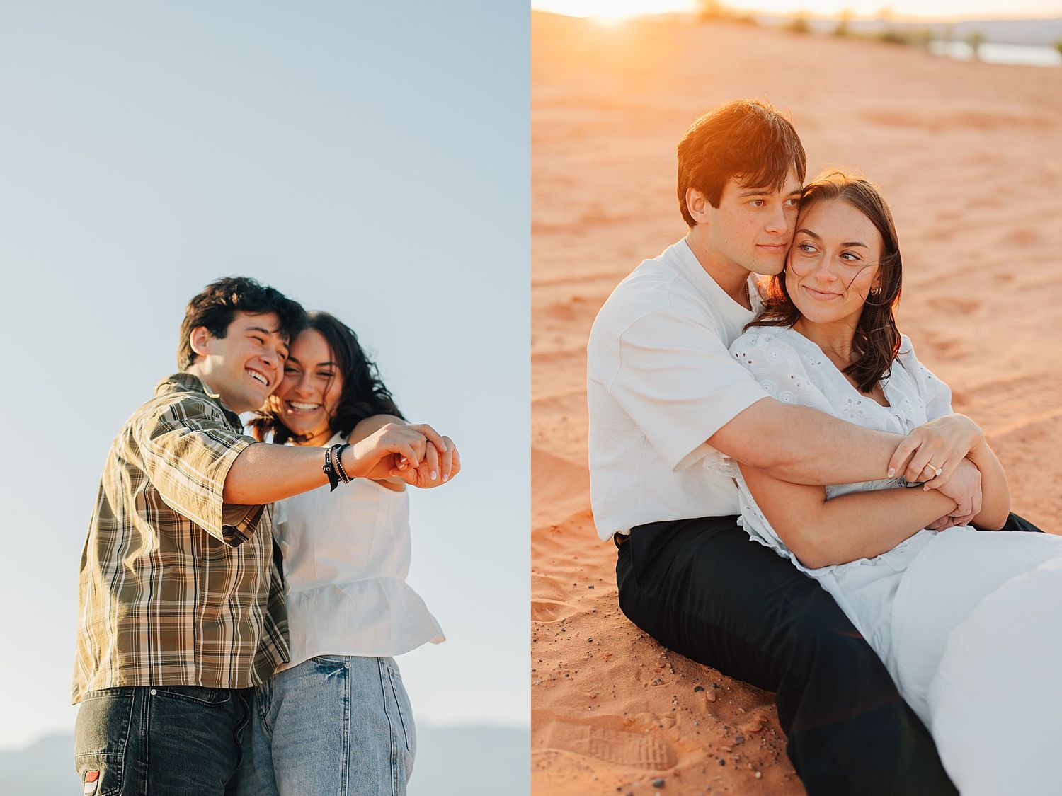 Happy couple cuddling and posing together on sandy beach dunes during a warm sunset engagement session.