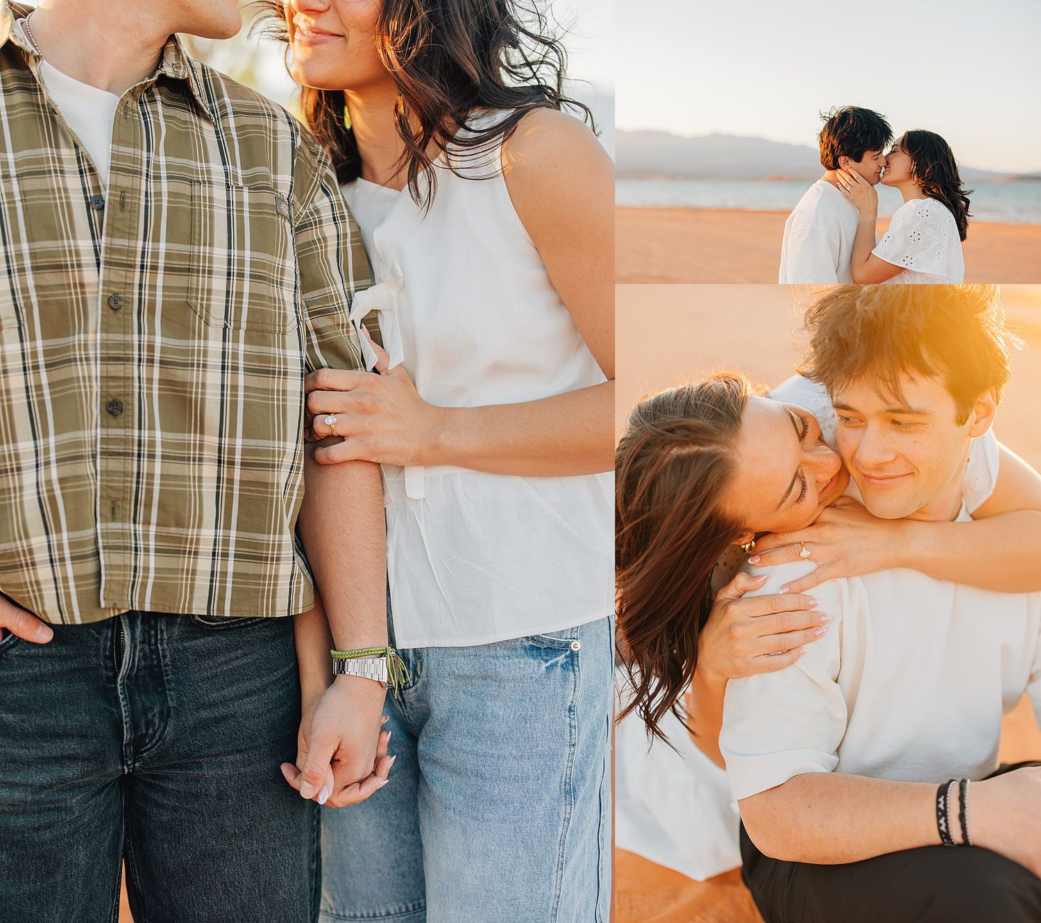 Romantic couple holding hands and embracing during a golden hour engagement photo shoot in a desert landscape.
