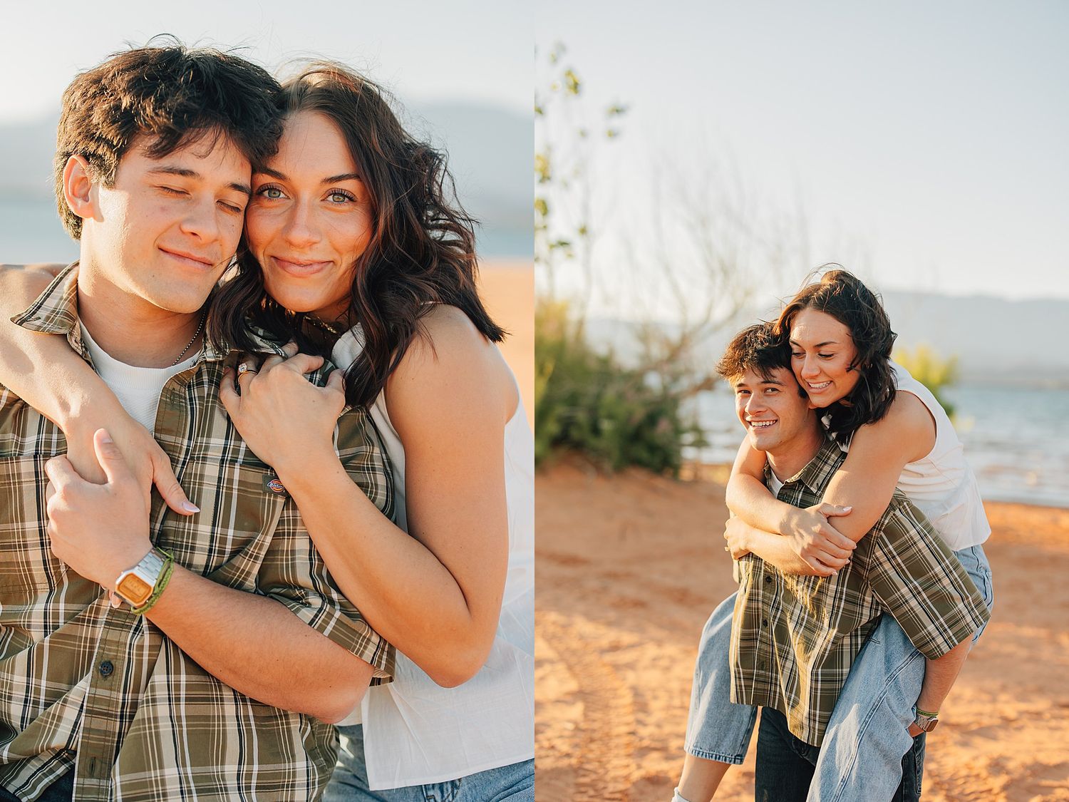 Couple embracing outdoors at golden hour, woman hugging man from behind near a scenic lakeside desert landscape.