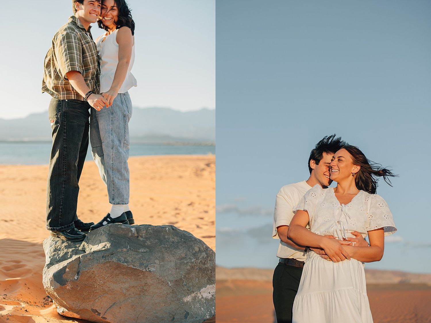 Romantic couple embracing on sandy beach with mountains, and windy desert dunes at golden hour.