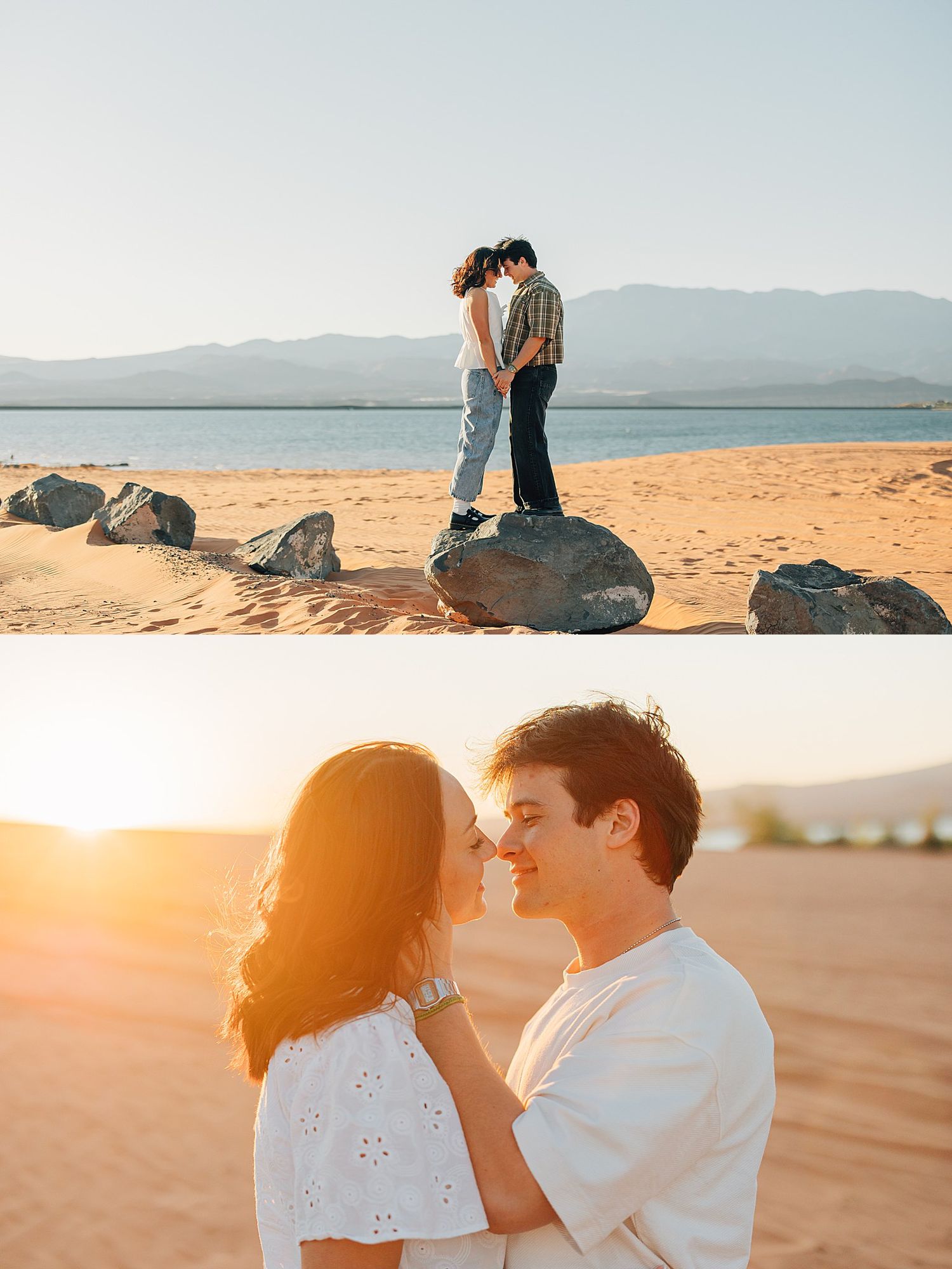 Couple sharing a romantic moment on sandy beach with mountain backdrop at golden sunset hour.