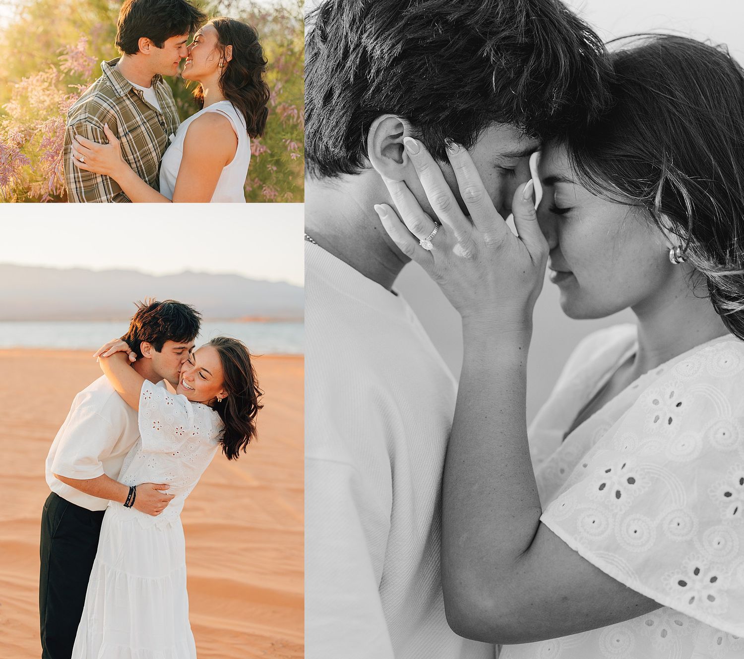 Romantic couple embracing and nearly kissing in a collage of engagement photos at a sandy desert landscape.