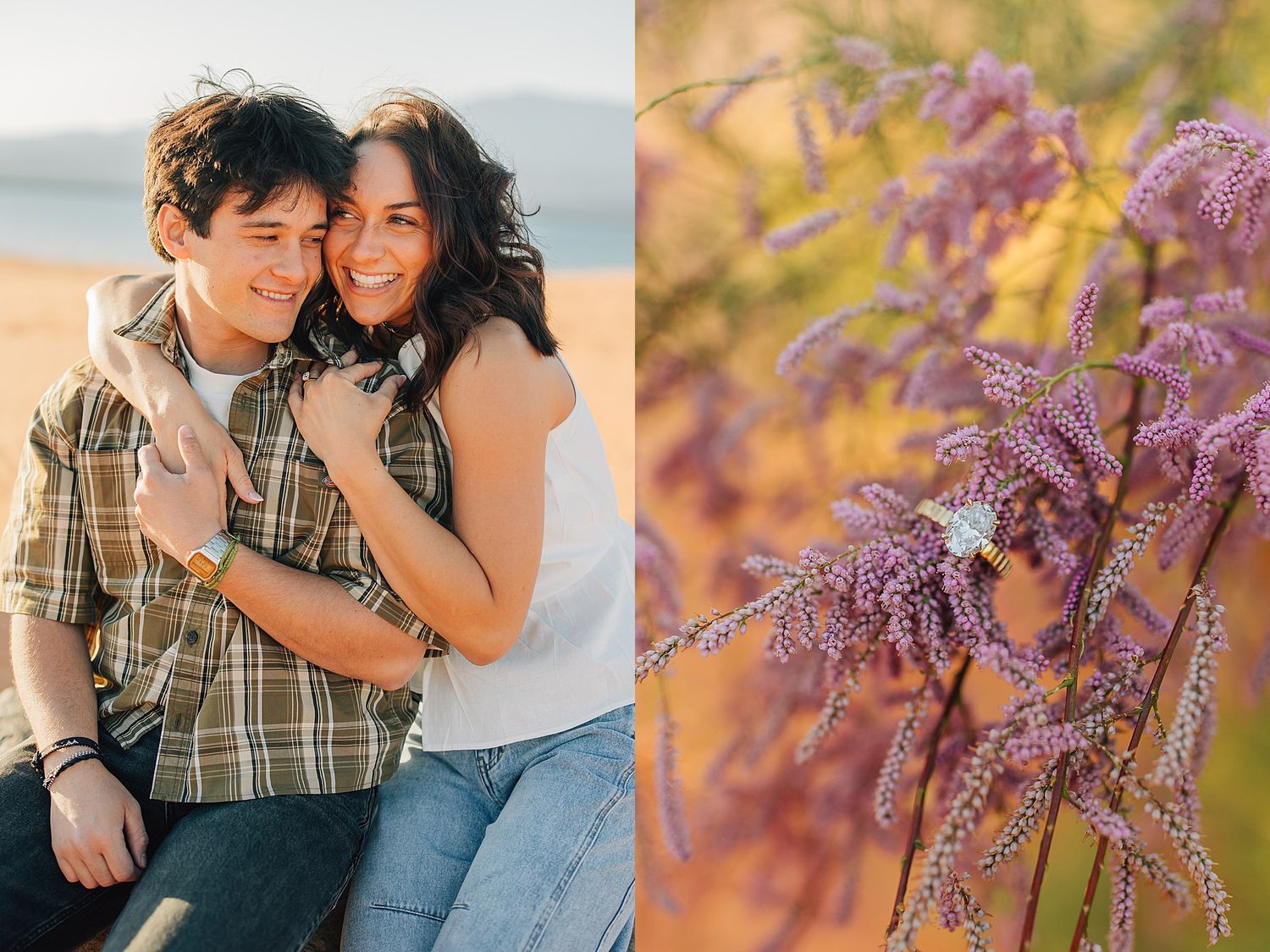 Couple embracing outdoors at golden hour beside a close-up of an engagement ring nestled in purple wildflowers.