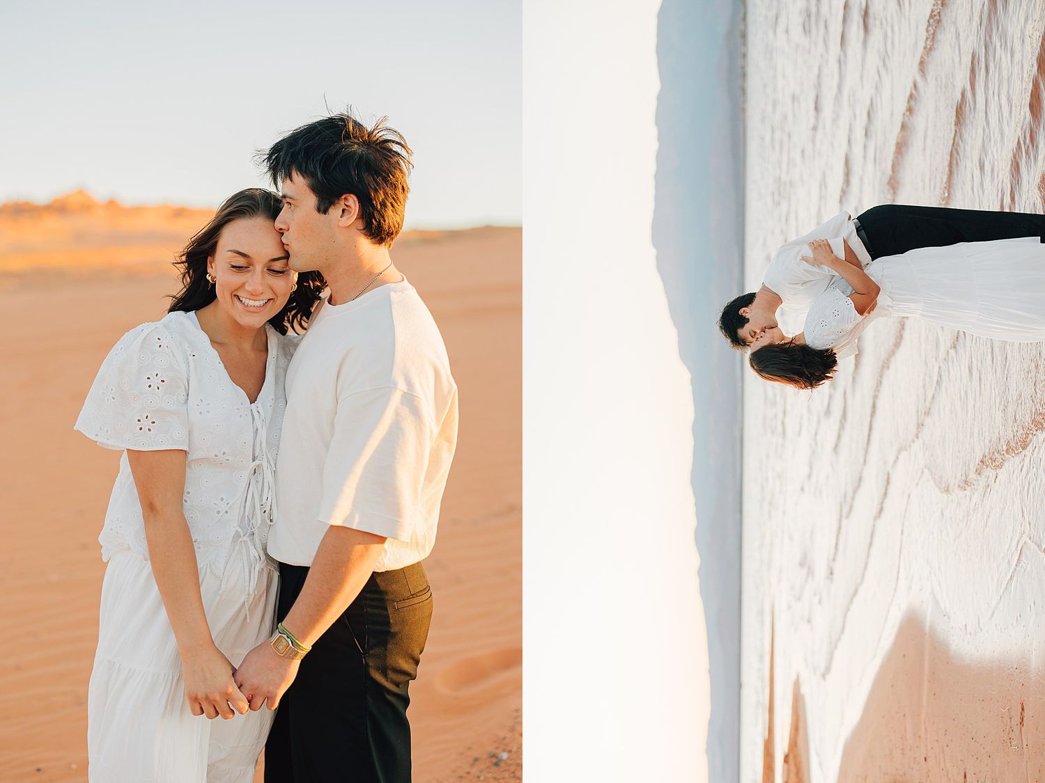 Romantic couple holding hands in desert dunes, woman in white dress smiling as man kisses her cheek.