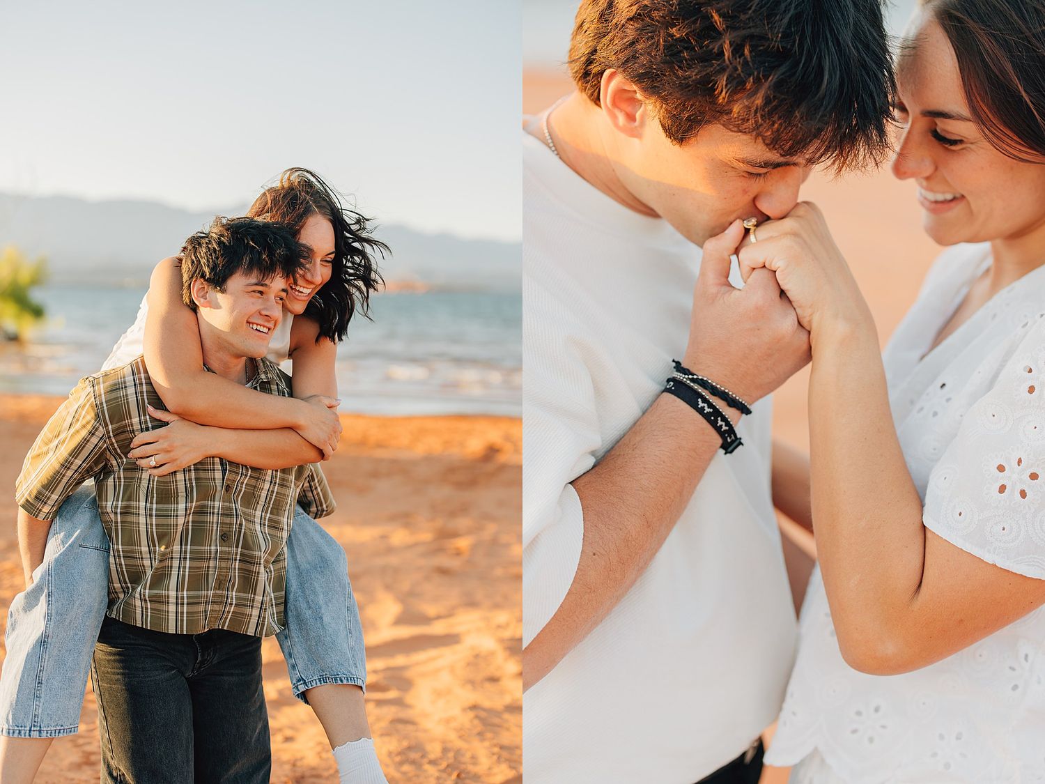 Couple sharing a joyful piggyback ride on a sunny beach, while another shot captures them tenderly holding hands close together.