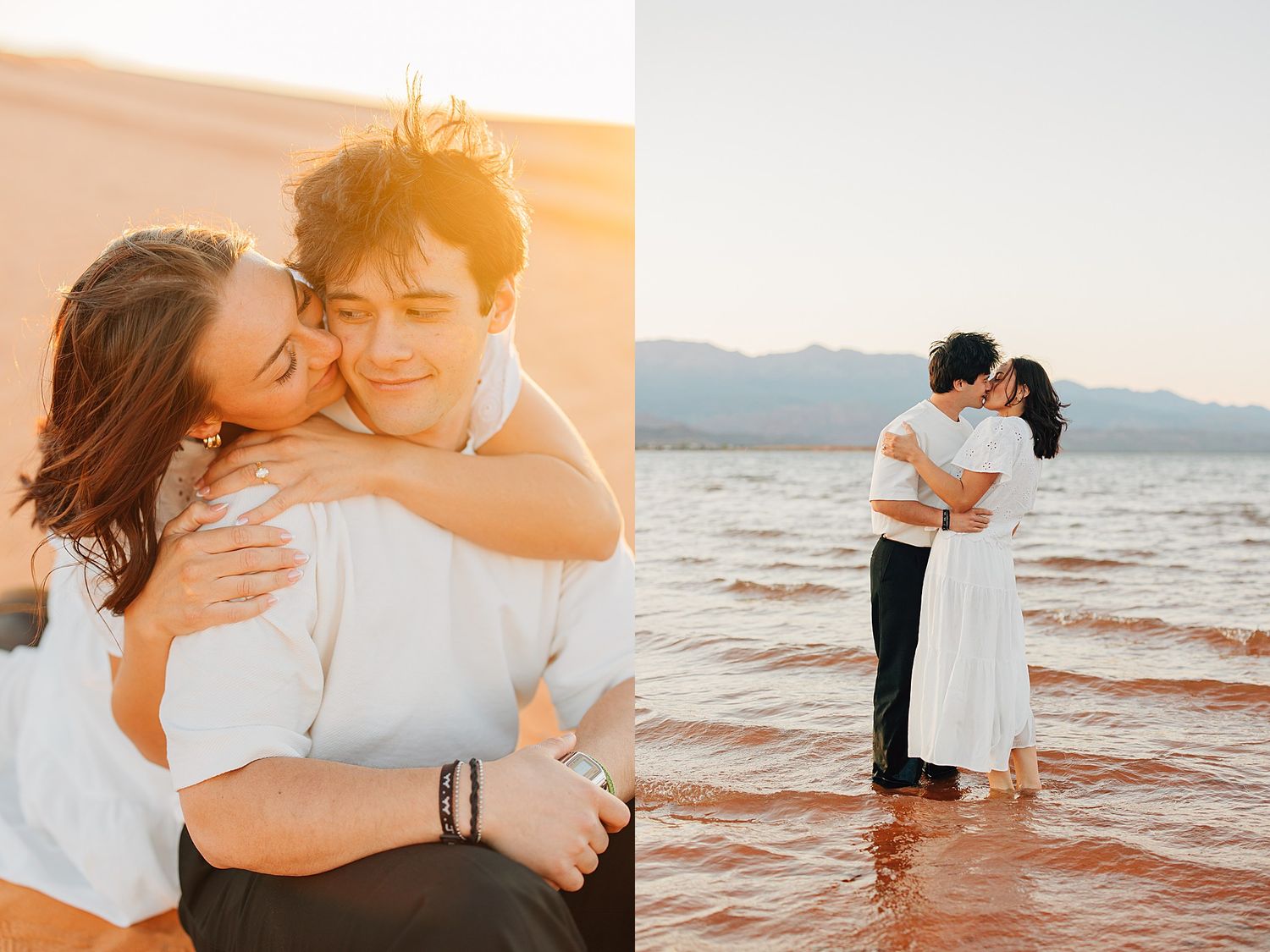 Romantic couple embracing at golden hour in desert dunes and sharing a kiss in shallow water at sunset.