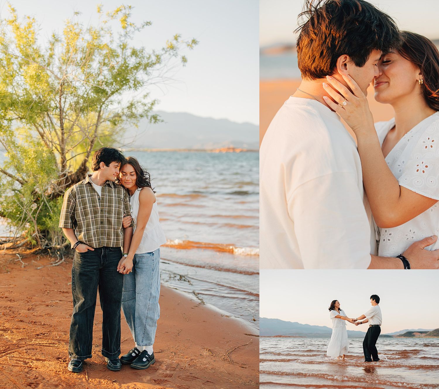 Romantic couple embracing and kissing on a sandy red beach shore with mountains and blue water in background.