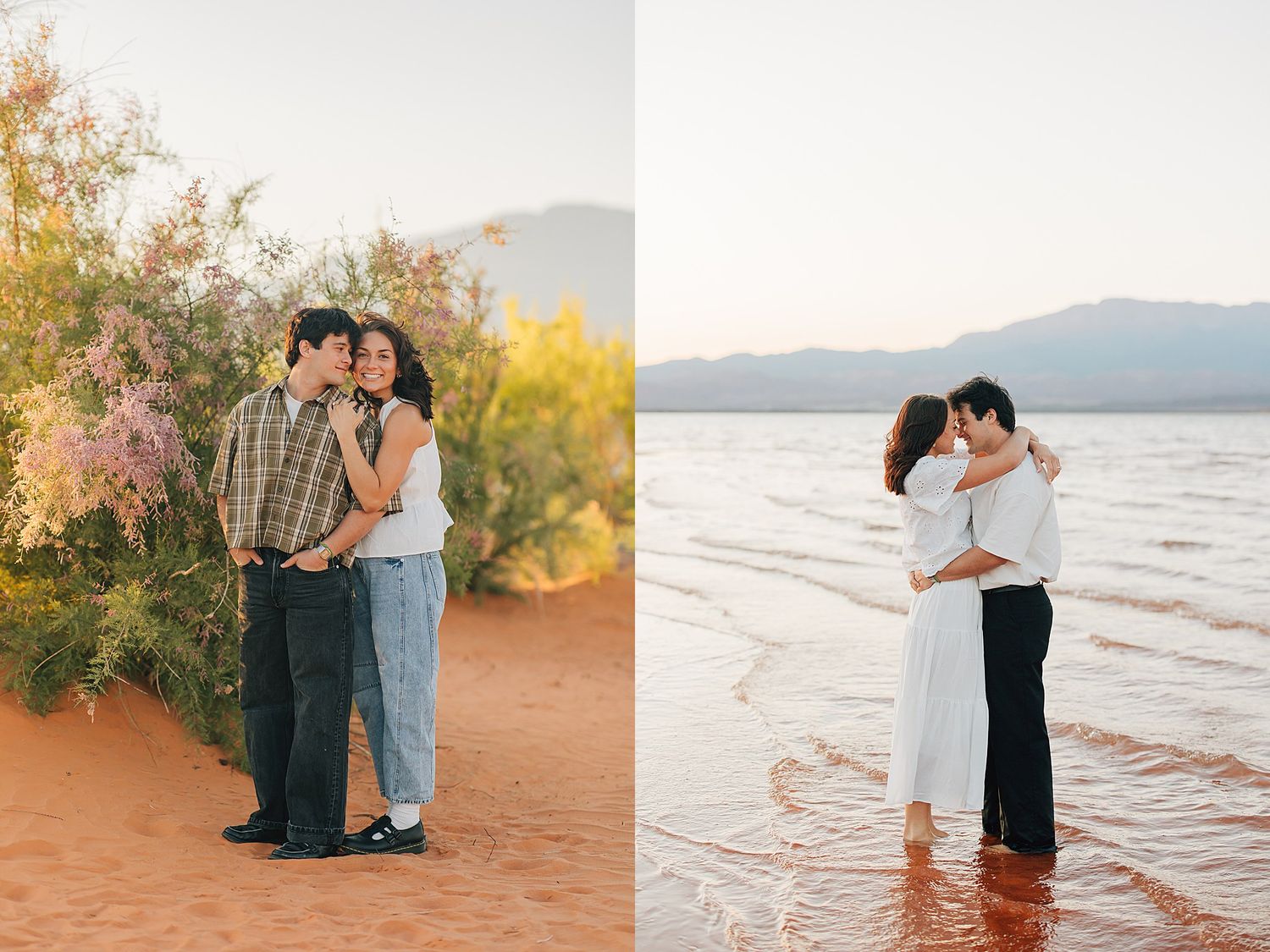 Couple embracing near desert shrubs on red sand at golden hour, and standing in shallow water with mountains at sunset.