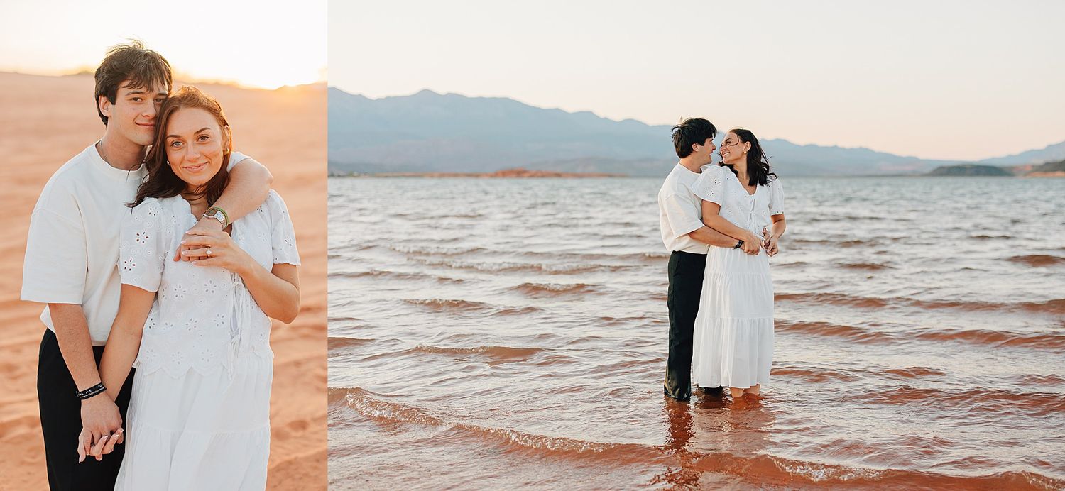 Couple in white outfits poses romantically at sandy desert lake shore during golden hour sunset.
