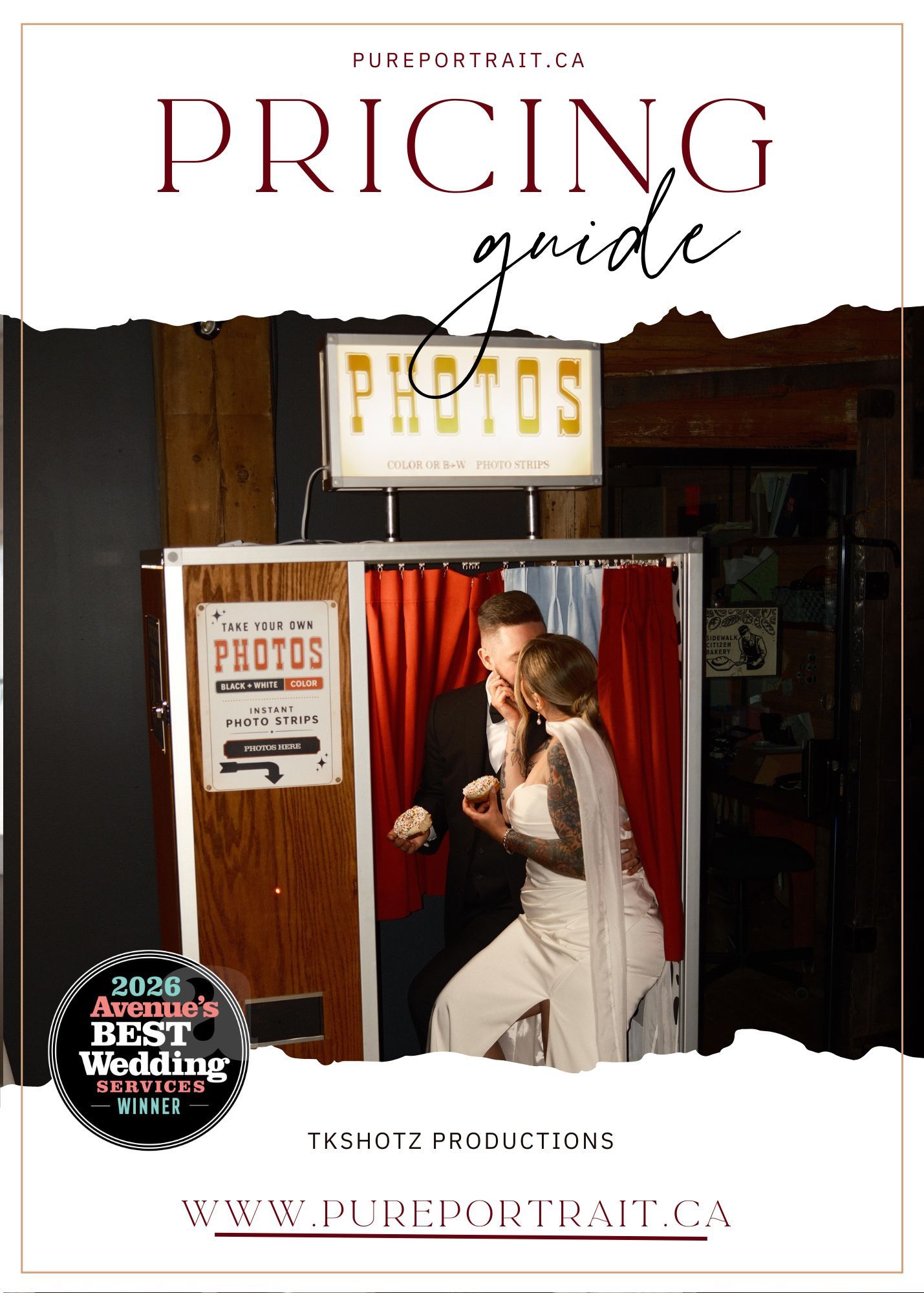 Vintage photo booth with red curtain and wood panel exterior, featured in Pure Portrait pricing guide by TKSHOTZ Productions.