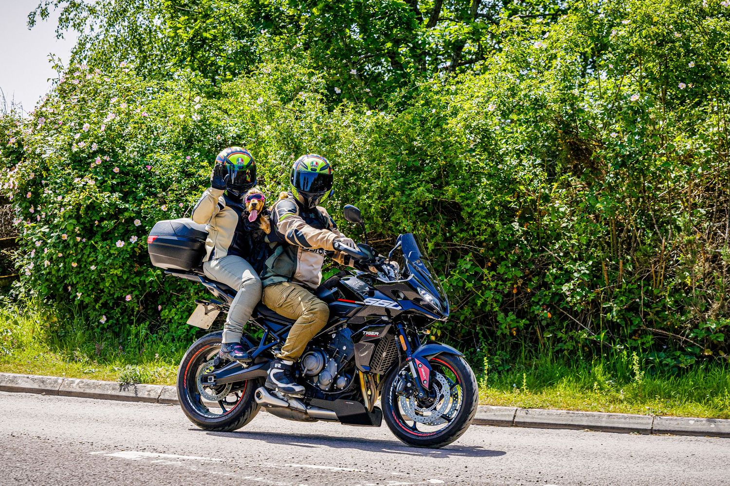 Group of motorcyclists riding on a scenic autumn road, wearing helmets and protective gear.
