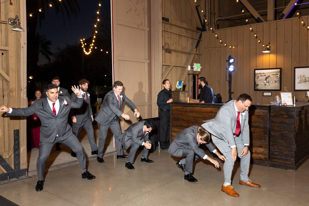 Wedding party members performing a synchronized dance move on the reception dance floor.