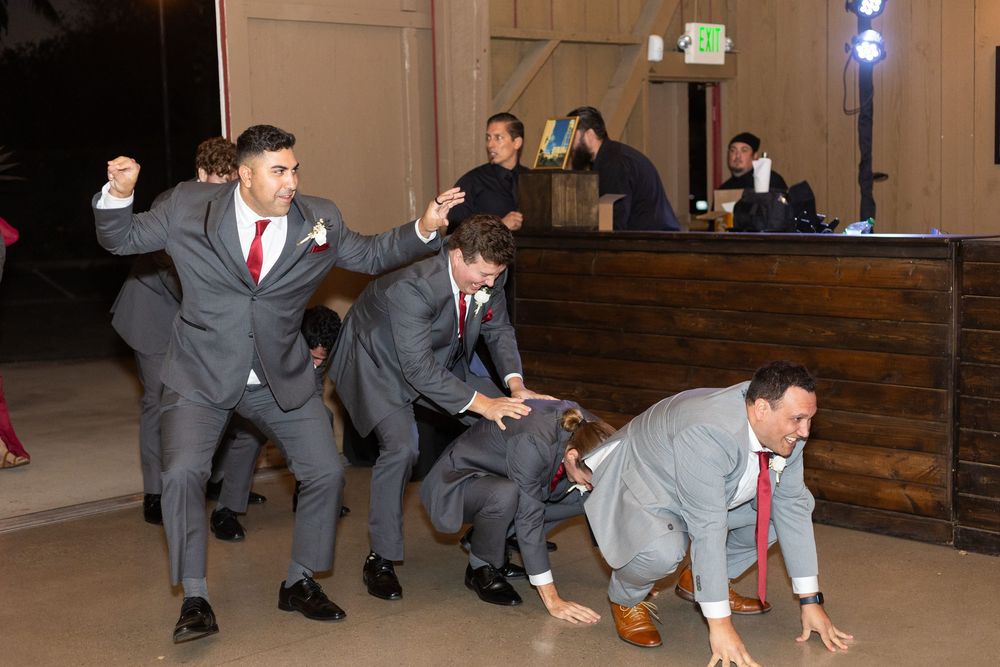 Wedding party performs synchronized dance moves in matching grey suits and red ties.