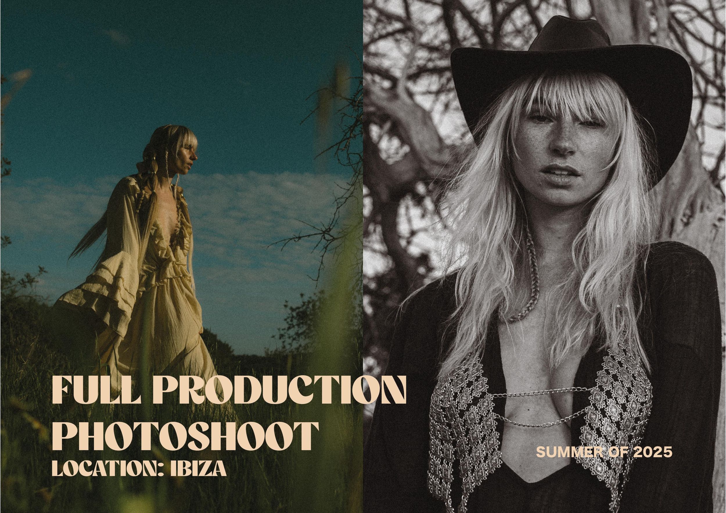 Black and white fashion banner with text overlay reading Full Production Photoshoot.