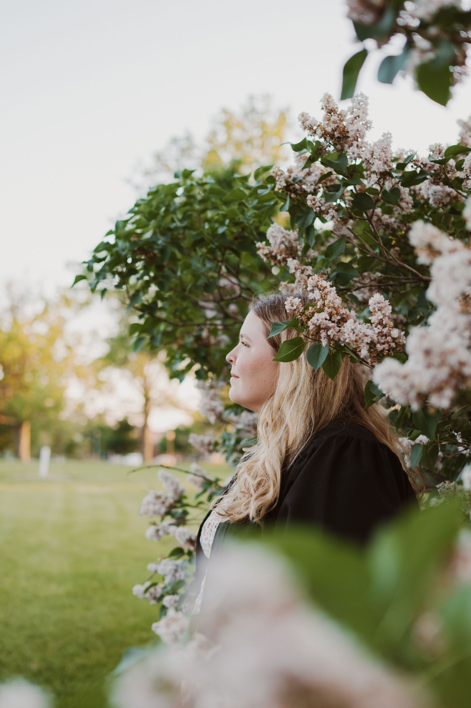 A dreamy spring portrait among blooming cherry blossoms in a garden setting at golden hour.