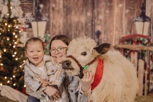 A festive holiday photo featuring a white alpaca wearing a red collar alongside children in front of a Christmas tree.