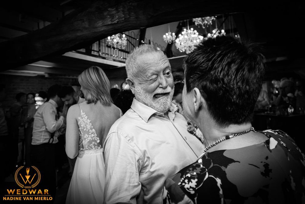 Black and white photos showing joyful dancing and celebration moments at a wedding reception party.