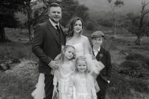 A collection of black and white wedding photographs showing couples posing together in outdoor settings.